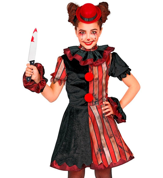 Böser Clown Kostüm mit rotem Petticoat, weißem Kragen und schwarzem Minihut