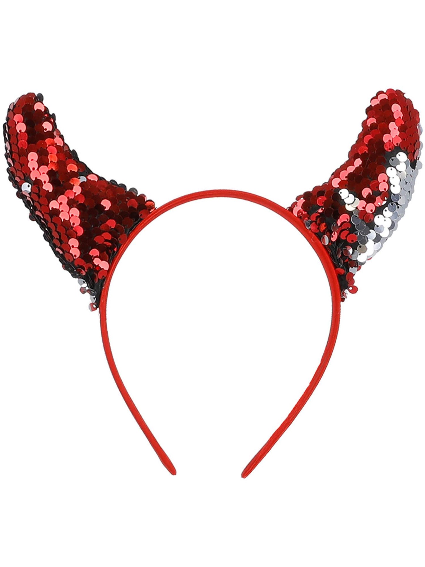 Smiffys rote Devil-Horns mit Wendepailletten als Haarreif für Damen – Detailansicht