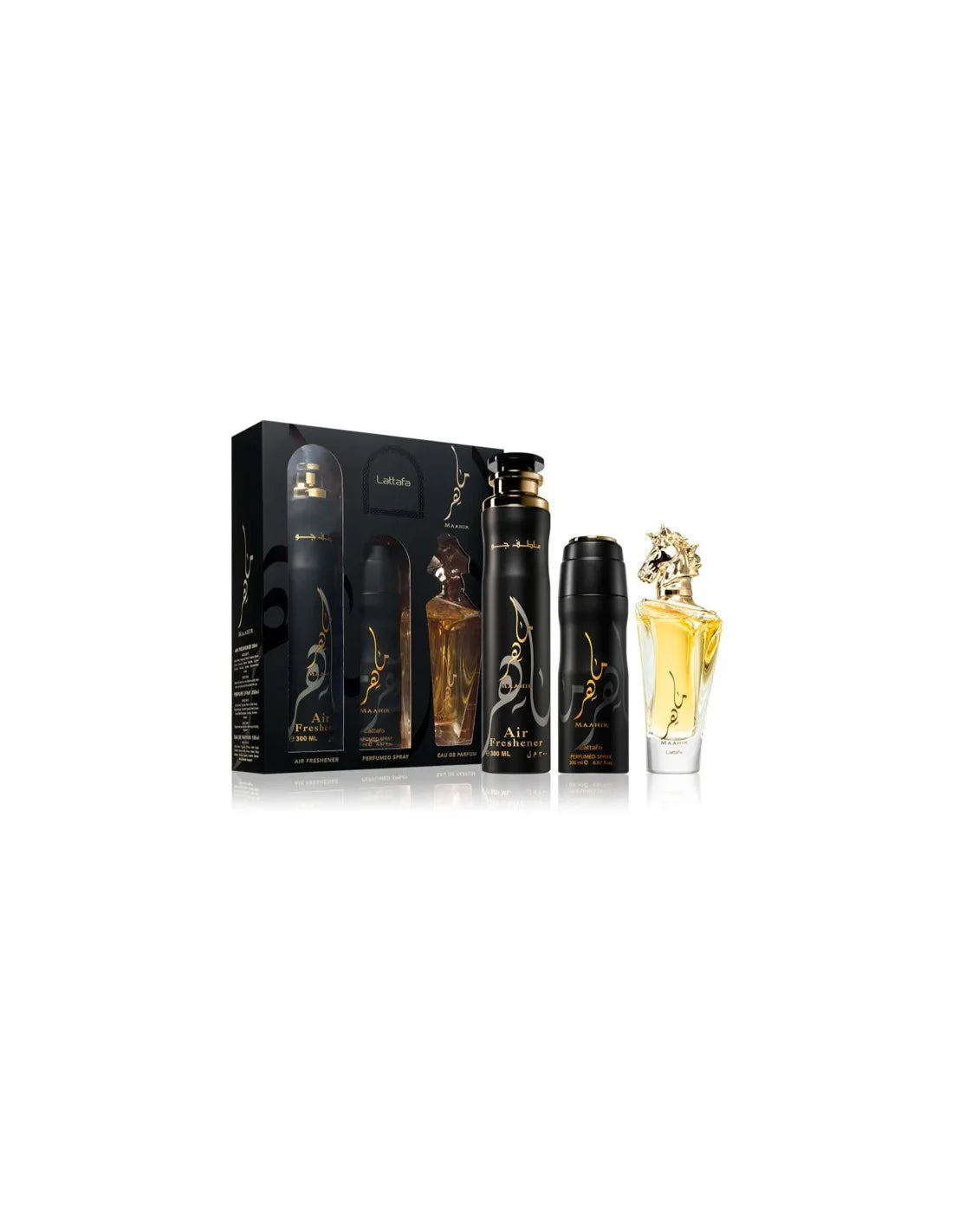 Lattafa Maahir Geschenkset mit Eau de Parfum 100 ml, Deodorant 200 ml und Raumduft 300 ml