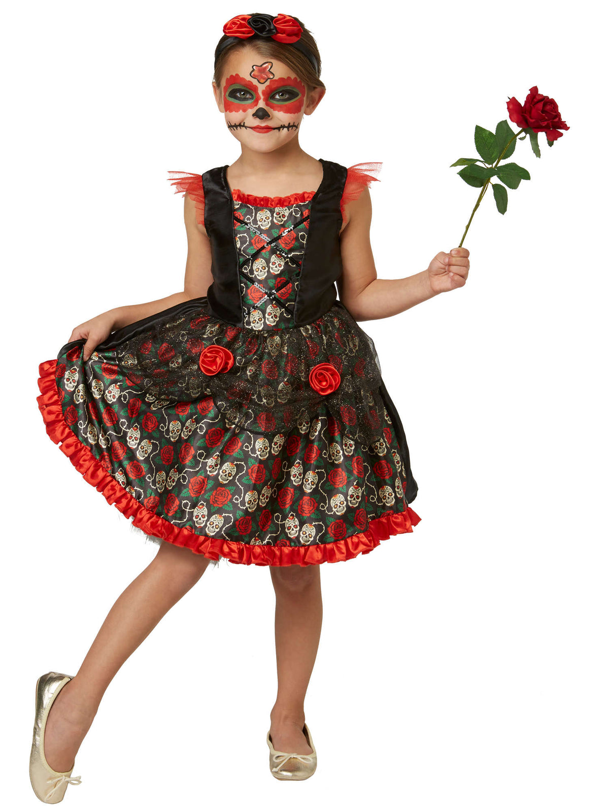 Rubies Red Roses Day of the Dead Kinderkostüm für Mädchen mit Kleid und Haarreif