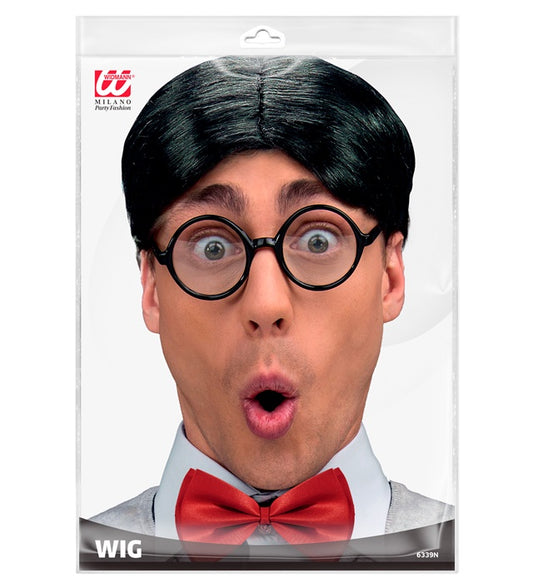 Streber-Perücke mit strengem Scheitel und glatten dunklen Haaren für Fasnacht