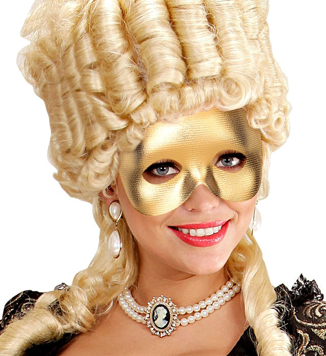 Goldene Augenmaske Phantom auf weißem Hintergrund, elegantes Kostümzubehör