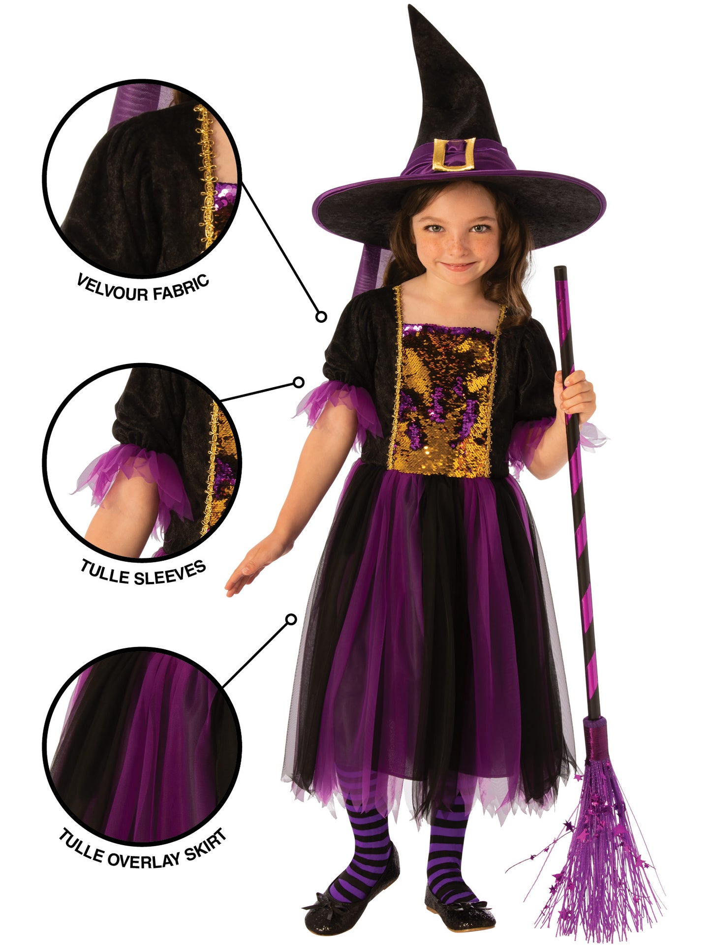 Rubies Magic Witch Kinderkostüm für Mädchen mit Kleid und Hut – Rückansicht