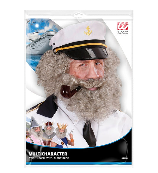 Grau gelockte Kapitän-Perücke mit Bart für Fasnacht-Kostüm