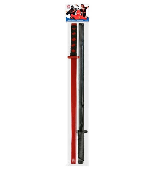 Set aus 2 Ninja Katanas in Rot und Schwarz aus Holz, 72 cm lang