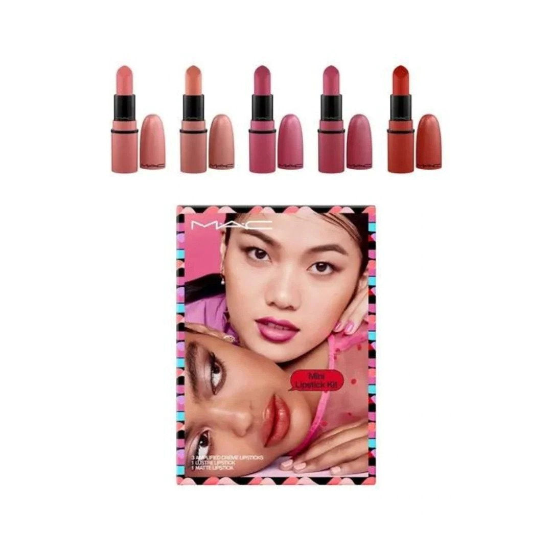 Mini Lipstick Kit Set MAC: Amplified, Matte, Cream Lipstick, You Can't Chili With Us, 1.8 g *Miniature + Amplified, Matte, Cream Lipstick, Double Date, 1.8 g *Miniature + Amplified, Matte, Cream Lipstick, Velvet Teddy, 1.8 g *Miniature + Amplified,