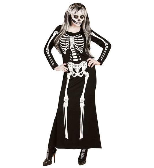 Elegantes Skelett-Kleid mit detailreichem Skelett-Print für Fasnacht und Karneval