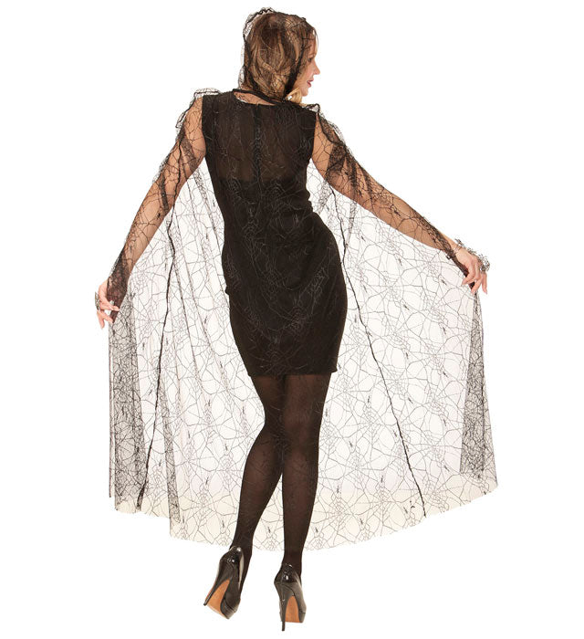 Schwarzer Spinnenumhang mit Kapuze und Spinnennetz-Design, 140 cm lang