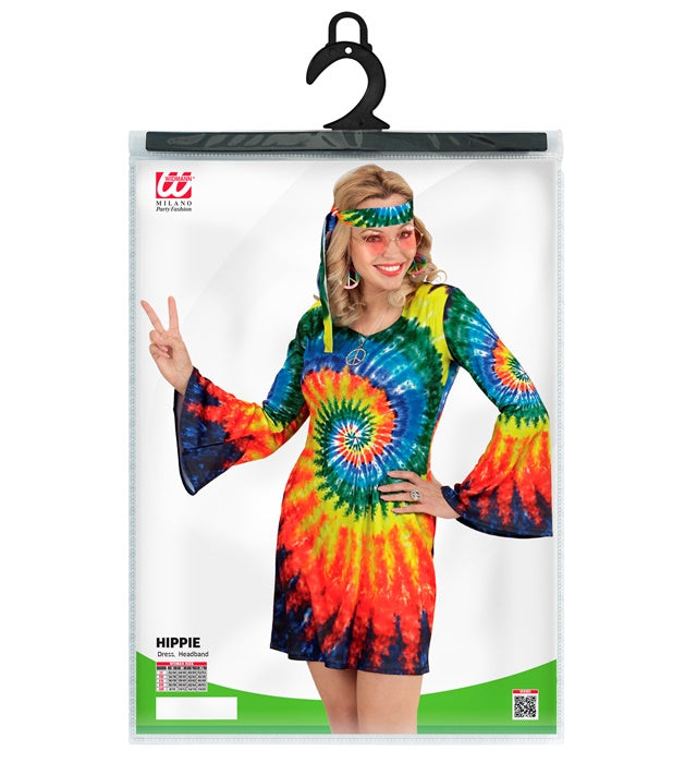 Psychedelic Hippie Girl Kostüm mit buntem Kleid und Stirnband