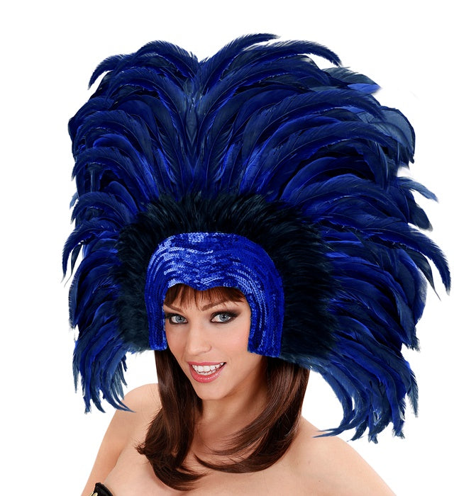 Blauer Federkopfschmuck im Brazil-Stil mit leuchtenden Federn