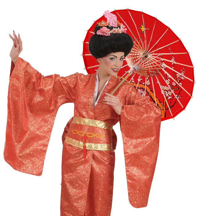 Roter Reispapier-Sonnenschirm mit orientalischer Holzstruktur, Durchmesser 84 cm