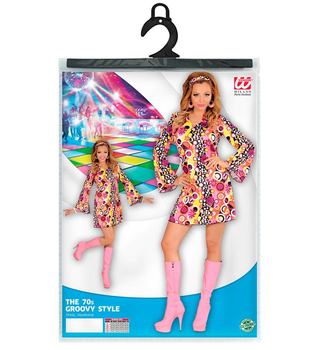 Gelbes 70er Jahre Kleid mit kleinen Blasen und passendem Stirnband im Groovy Style