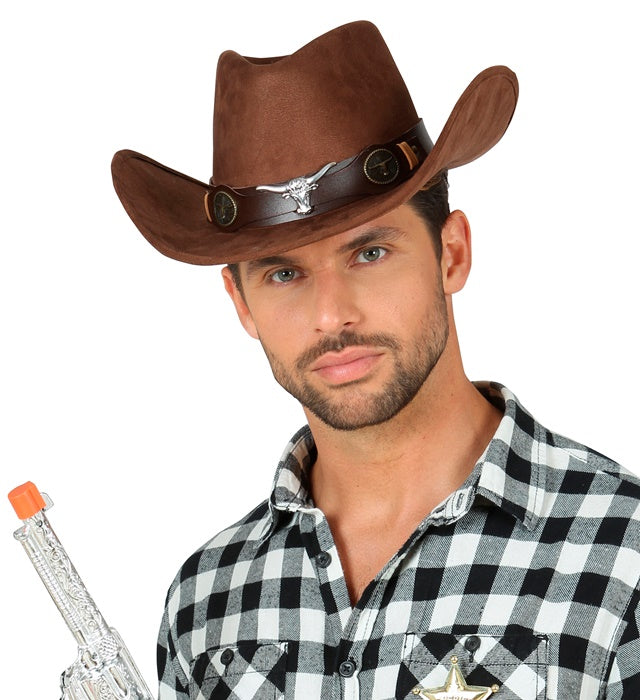 Cowboyhut in brauner Wildlederoptik für Fasnacht und Karneval
