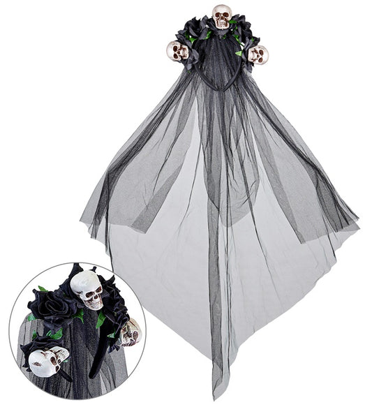 Schwarzer Brautschleier mit Totenköpfen und schwarzen Rosen als Halloween-Accessoire