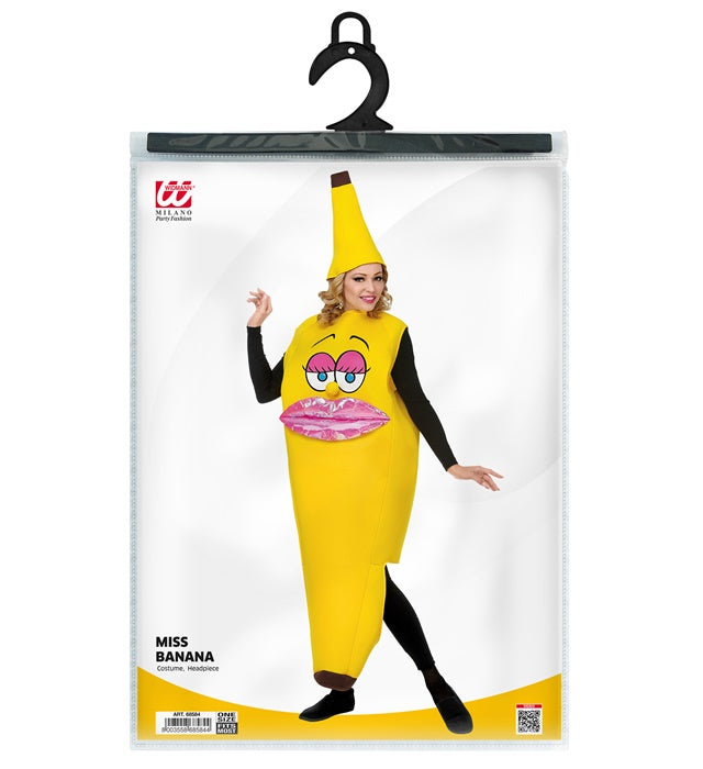 Miss Banana Kostüm mit gelbem Bananen-Hut für Fasnacht