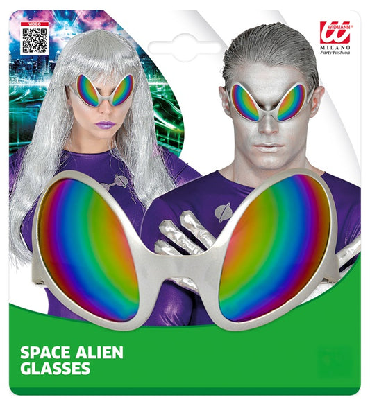 Alien Brille mit holografischen Gläsern auf weissem Hintergrund