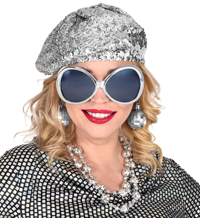 DISCO BABE Party-Set mit Paillettenmütze, Brille und Discokugel-Ohrringen