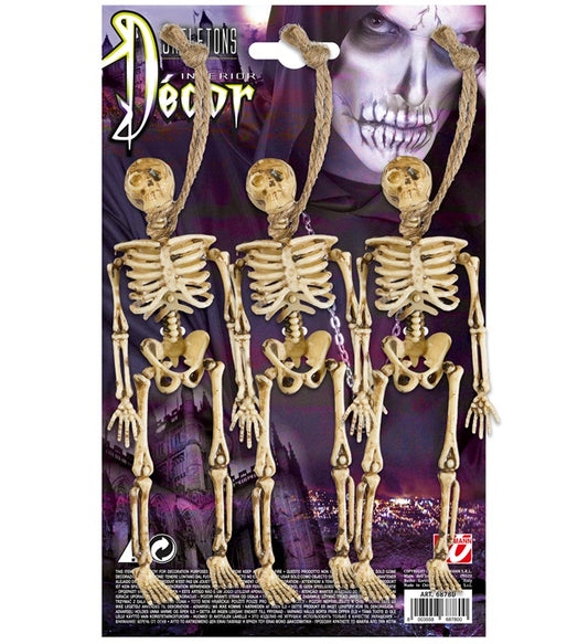 Set von drei kleinen Skelett-Figuren jeweils 15 cm groß auf weißem Hintergrund