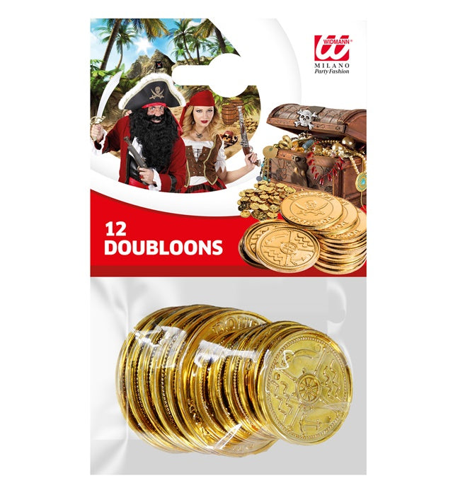 Set mit 12 goldfarbenen Dublonen als Piraten-Kostümzubehör