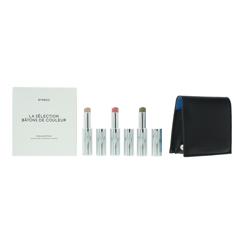 Blue Set Byredo: Colour Stick, Multifunctional, Eyeshadow Stick, 509, Solar Flare, 3.5 g + Colour Stick, Multifunctional, Eyeshadow Stick, Kumato Face, 3.5 g + Colour Stick, Multifunctional, Eyeshadow Stick, Flower Play, 3.5 g + Byredo, GWP Leather
