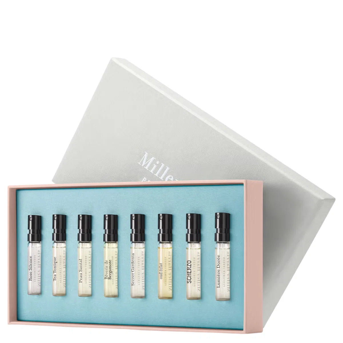 Discovery Set Miller Harris: Scherzo, Eau De Parfum, Unisex, 2 ml *Vial + Rose Silence, Eau De Parfum, For Women, 2 ml *Vial + Coeur De Jardin, Eau De Parfum, For Women, 2 ml *Vial + Tea Tonique, Eau De Parfum, Unisex, 2 ml *Vial + Peau Santal, Eau