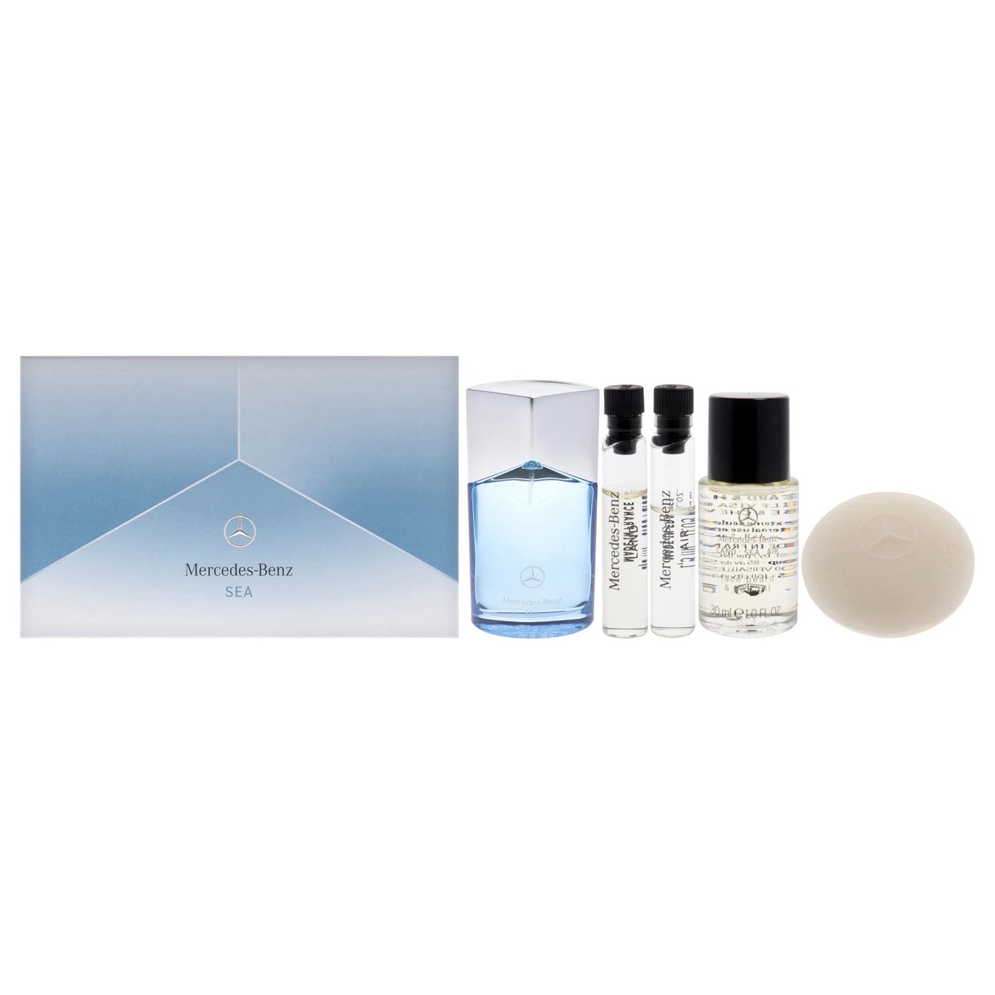 Set Mercedes-Benz: Sea, Eau De Parfum, For Men, 100 ml + Air, Eau De Parfum, For Men, 1.5 ml *Sample + Land, Eau De Parfum, For Men, 1.5 ml *Sample + Land-Sea-Air, Hydrating, Oil, Face, Body, Hair & Beard, 30 ml + Land-Sea-Air, Cleansing, Scented