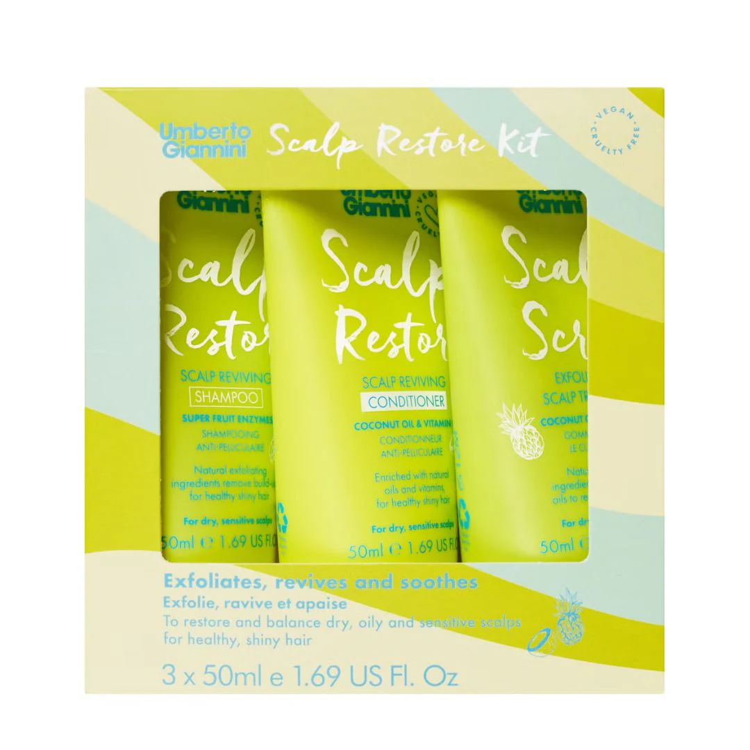 Set Umberto Giannini: Scalp Restore, Vegan & Cruelty-Free, Hair Conditioner, Anti-Dandruff & Soothing, 50 ml + Scalp Restore, Vegan & Cruelty-Free, Hair Shampoo, Anti-Dandruff & Scalp Care, 50 ml + Umberto Giannini, Scalp Scrub, Gentle Exfoliation,