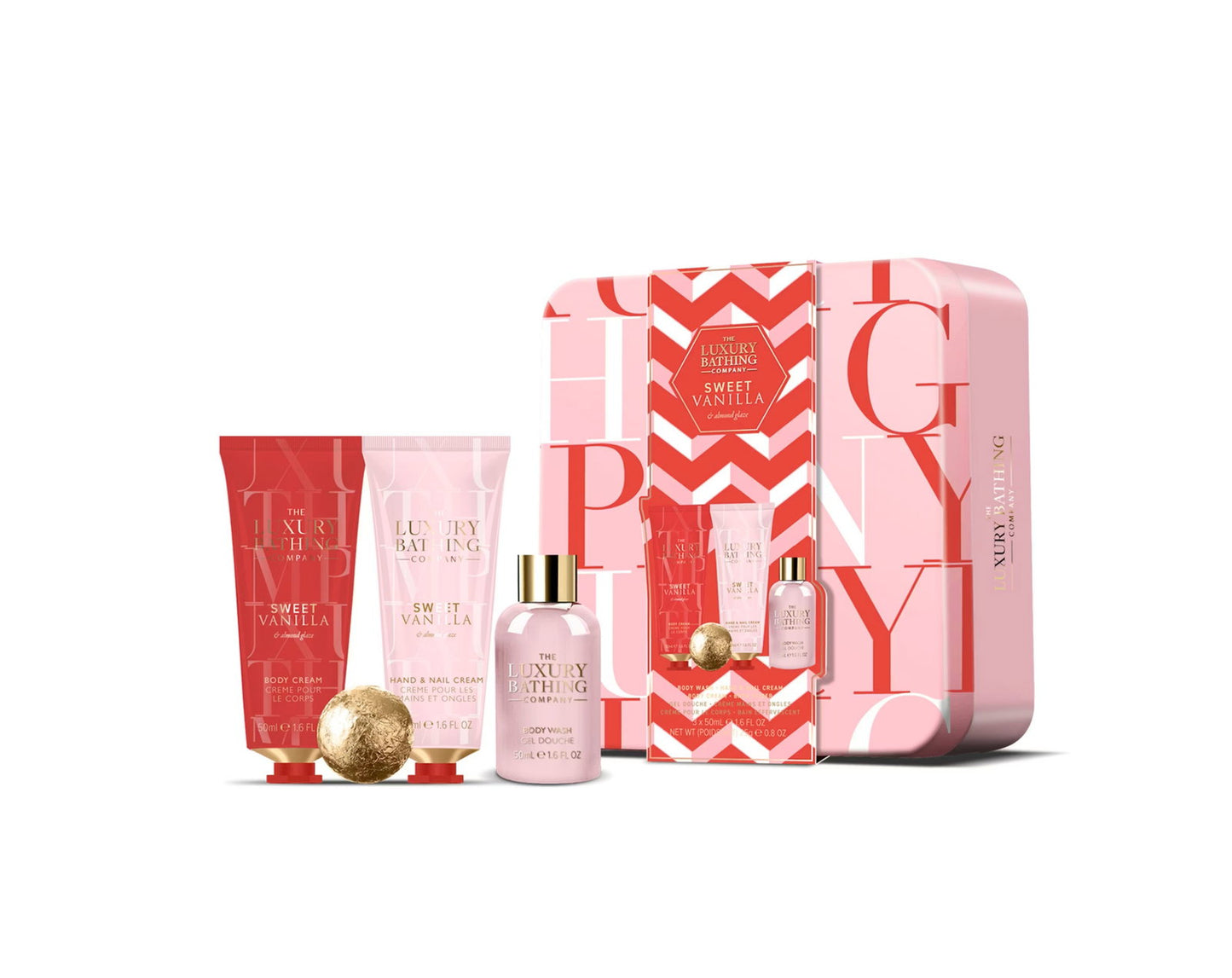 Set The Luxury Bathing Company: Sweet Vanilla & Almond Glaze, Moisturizing, Hand Cream, 50 ml + Sweet Vanilla & Almond Glaze, Bath Bomb, 25 g + Sweet Vanilla & Almond Glaze, Hydrating & Softening, Body Cream, Daily, 50 ml + Sweet Vanilla & Almond