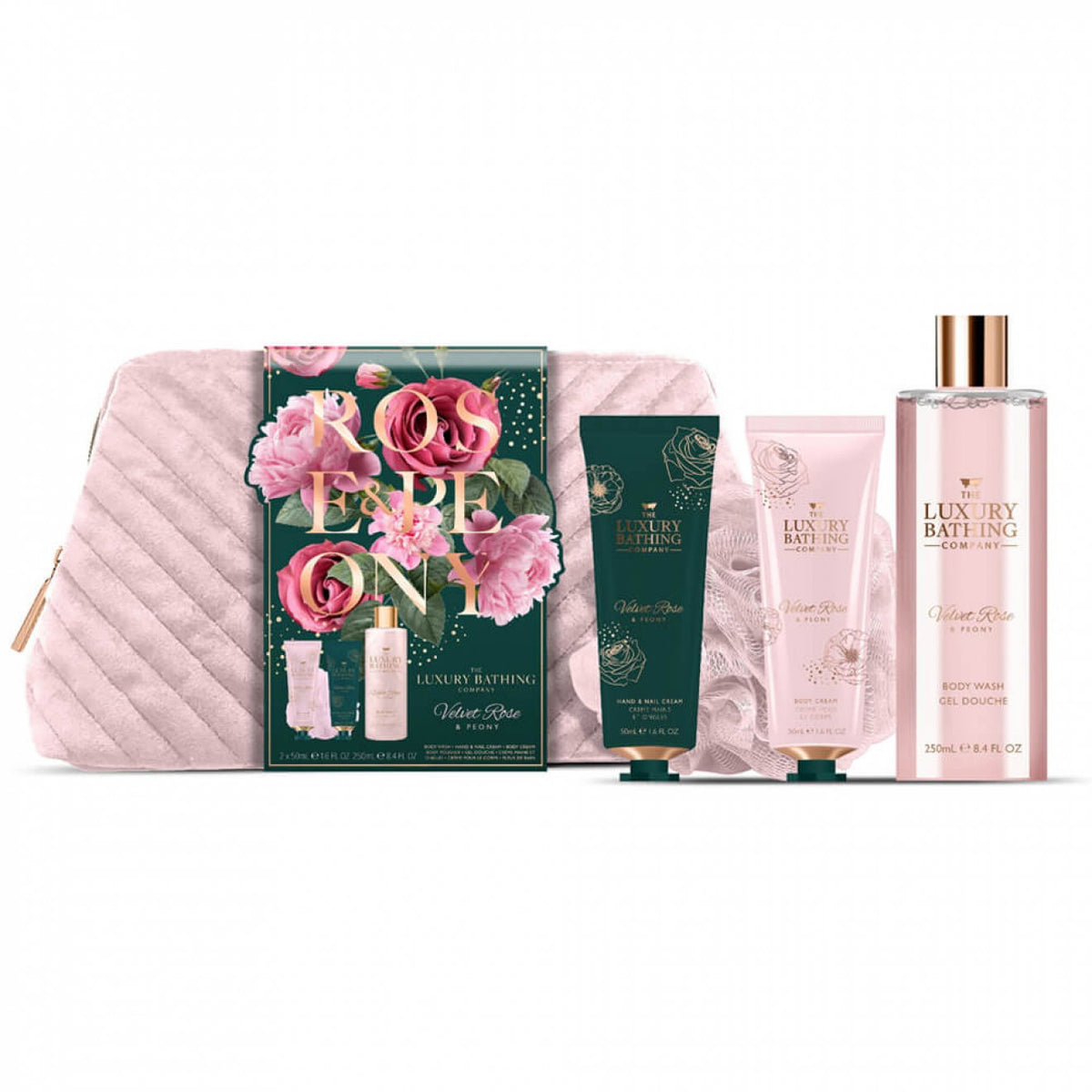 Set The Luxury Bathing Company: Velvet Rose & Peony, Cleansing & Refreshing, Shower Gel, For All Skin Types, 250 ml + Velvet Rose & Peony, Moisturizing, Hand Cream, 50 ml + The Luxury Bathing Company, Cleanse & Scrub, Body Sponge + The Luxury