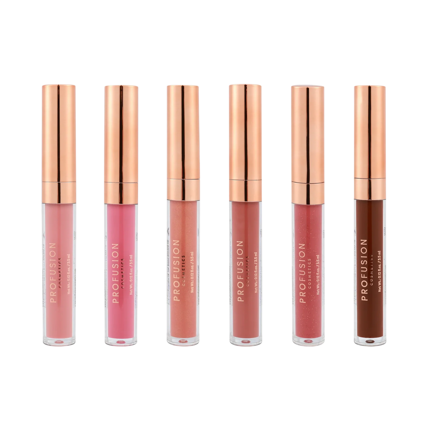 Set Profusion Cosmetics: Pucker Up, Lip Gloss, Rosy Nude, 3.5 ml + Pucker Up, Lip Gloss, Bright Pink, 3.5 ml + Pucker Up, Lip Gloss, Peachy Nude, 3.5 ml + Pucker Up, Lip Gloss, Warm Rosy Brown, 3.5 ml + Pucker Up, Lip Gloss, Deep Rose, 3.5 ml +