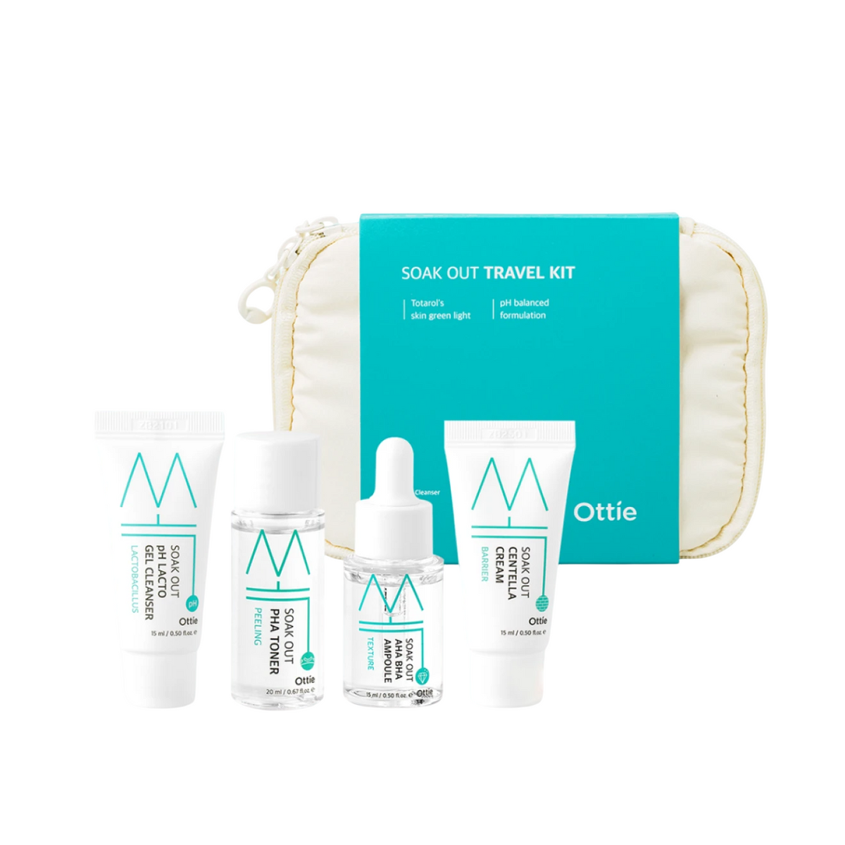 Set Ottie: Soak Out, Microbiome, Cleansing & Hydrating, Cleansing Gel, For Face, 15 ml + Soak Out, AHA/BHA, Exfoliating Serum, 15 ml + Soak Out, Centella, Soothing & Calming, Day & Night, Gel Cream, For Face, 15 ml + Soak Out, Peeling, Tonic