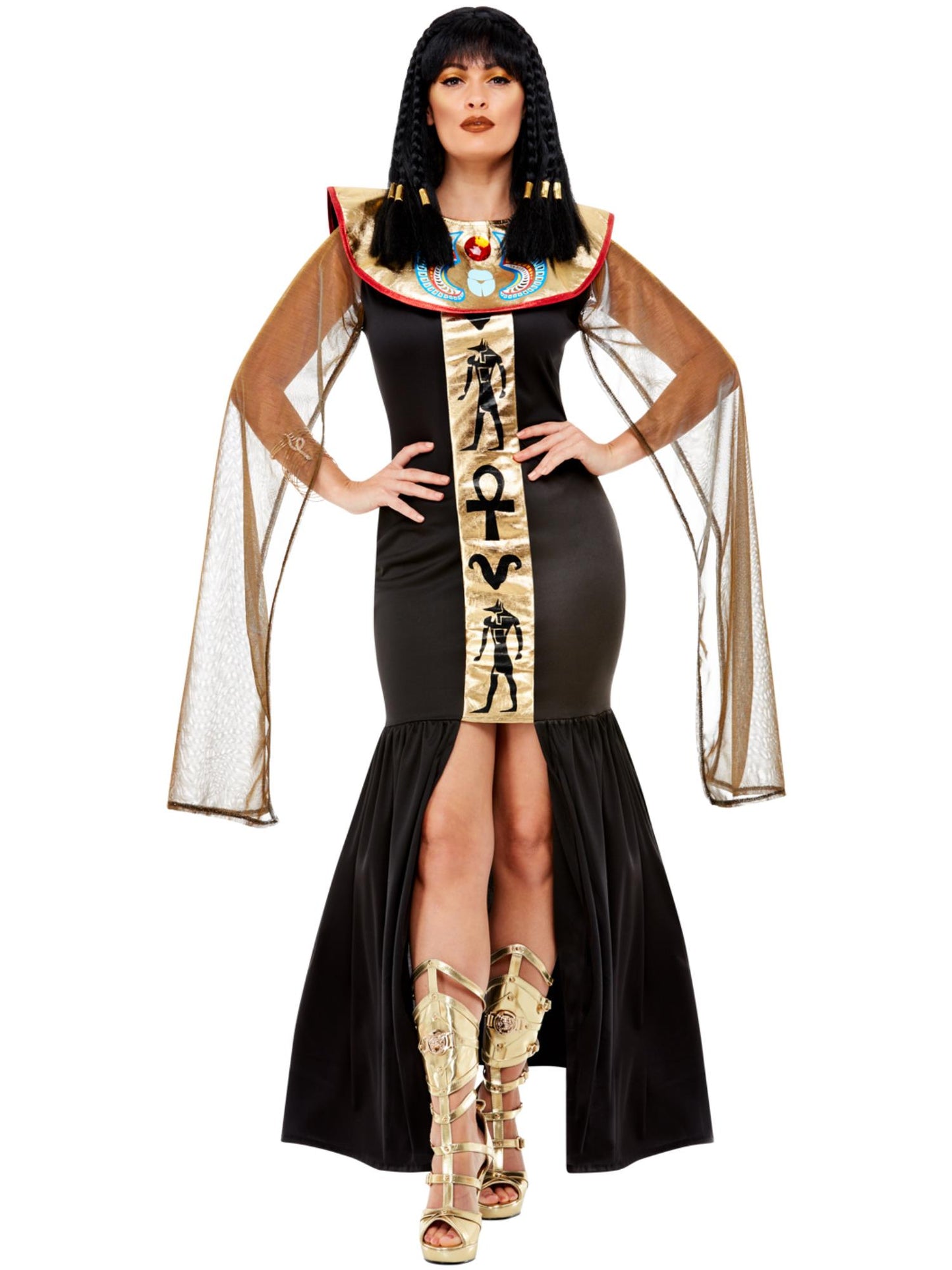 Smiffys Egyptian Goddess Kostüm für Damen in Schwarz mit Kleid und Umhang