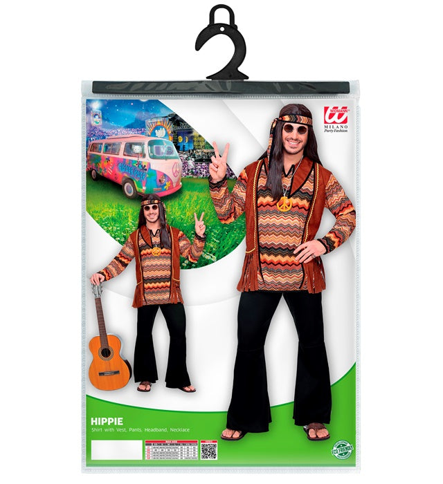 Hippie-Kostüm bestehend aus Hemd, Weste, Hose, Stirnband und Kette in bunten Farben