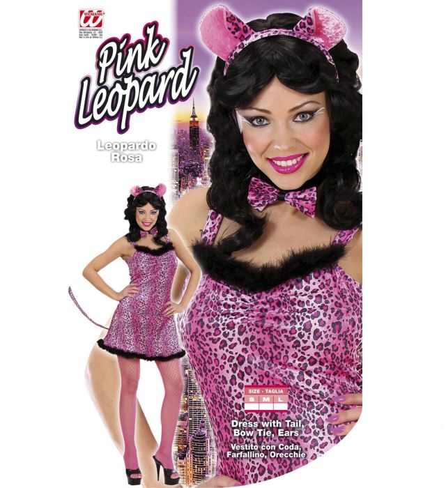 Rosa Leopardenkostüm mit Kleid, Schwanz, Fliege und Leopardenohren