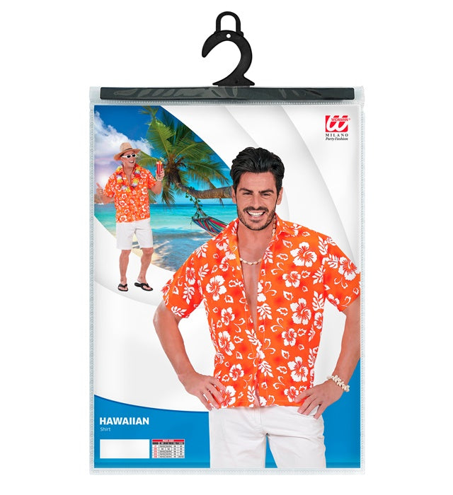 Orangefarbenes Hawaiihemd mit tropischem Muster für Fasnacht und Karneval