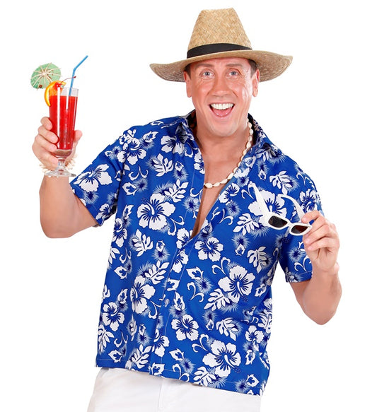 Blaues Hawaiihemd mit floralem Muster für Fasnacht und Karneval