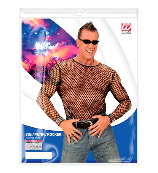Schwarzes 80er Jahre Punk Rocker Netzshirt, ideal für Fasnacht und Mottopartys