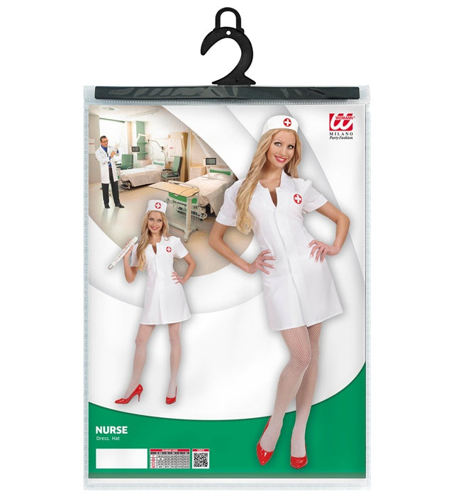Krankenschwester-Kostüm bestehend aus weißem Kleid mit roten Details und passender Haube