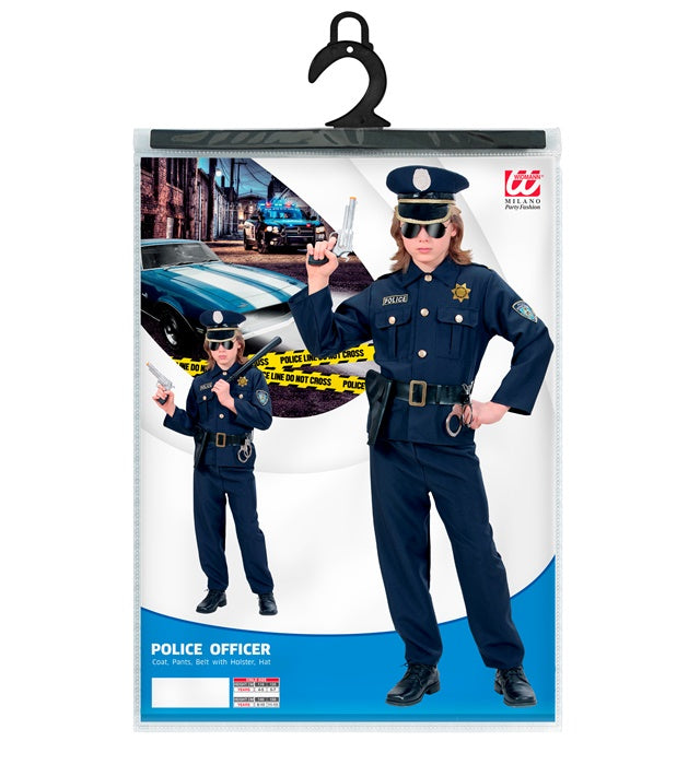 Polizisten-Kostüm Set mit Oberteil, Hose, Gürtel und Mütze auf weissem Hintergrund