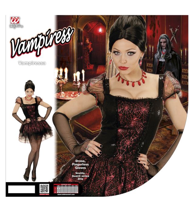 Vampiressa Kostüm schwarzes Kleid mit roten Akzenten und fingerlosen Handschuhen
