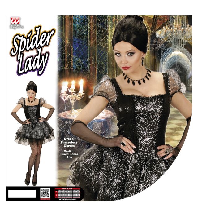 Spider Lady Kostüm mit schwarzem Kleid und fingerlosen Handschuhen
