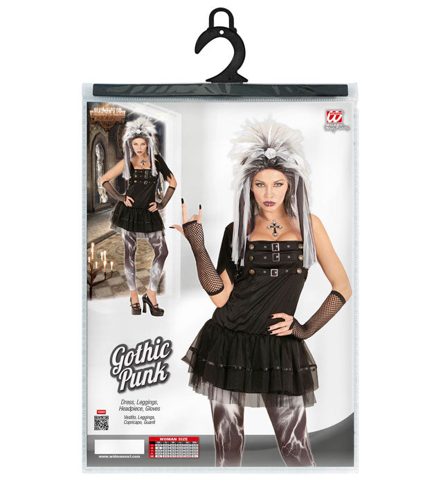 Gothische Punkerin Kostüm mit Kleid, Leggings, Kopfschmuck und Handschuhen
