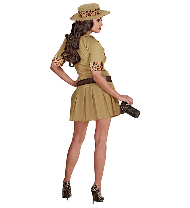 Safari Damen Kostüm mit Kleid, Gürtel und Hut für Fasnacht