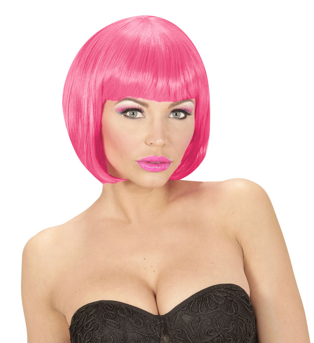 Neonpink Perücke Valentina auf hellem Hintergrund, geeignet für Fasnacht und Karneval