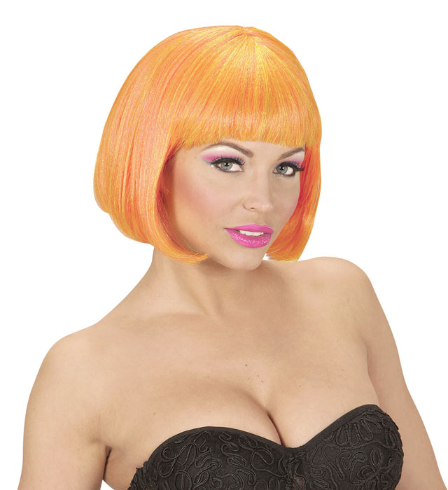 Neon-Perücke Valentina in leuchtendem Orange und Gelb, Fasnacht-Accessoire
