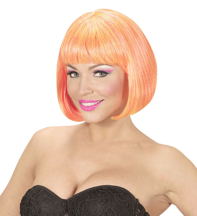 Perücke Valentina in leuchtendem Neonpink und Neongelb auf weissem Hintergrund