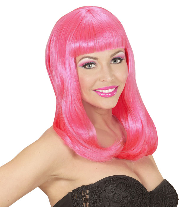 Neonpink leuchtende Perücke Patsy auf weißem Hintergrund