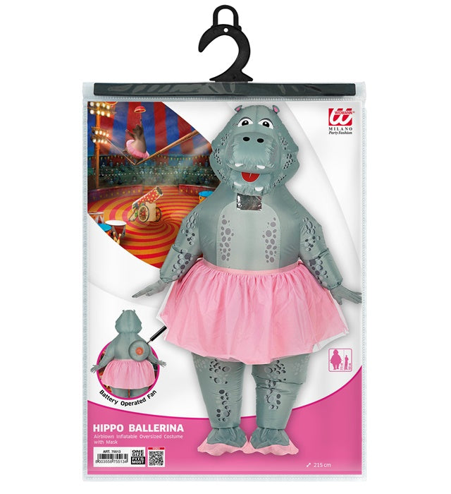 Aufblasbares Hippo Ballerina Kostüm mit Maske und Gebläse für Fasnacht