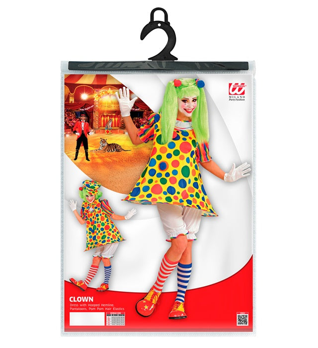 Buntes Clown-Kostüm bestehend aus Rock mit Reifen, Knickerbocker und Pom Pom Haargummis