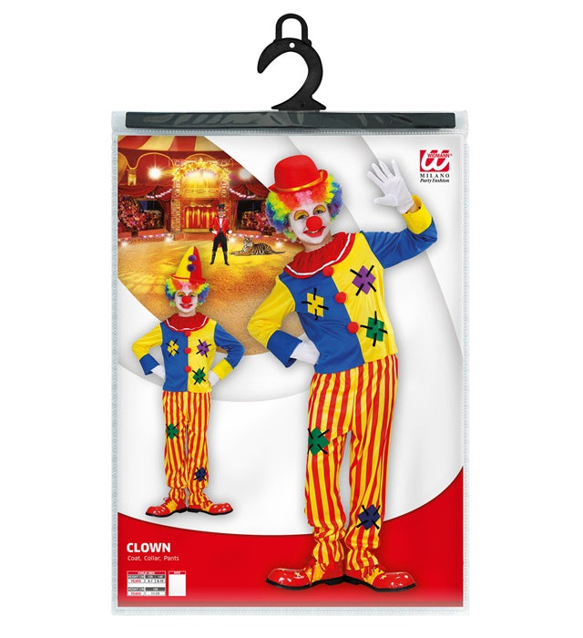 Buntes Clown-Kostüm bestehend aus Oberteil und Hose auf hellem Hintergrund